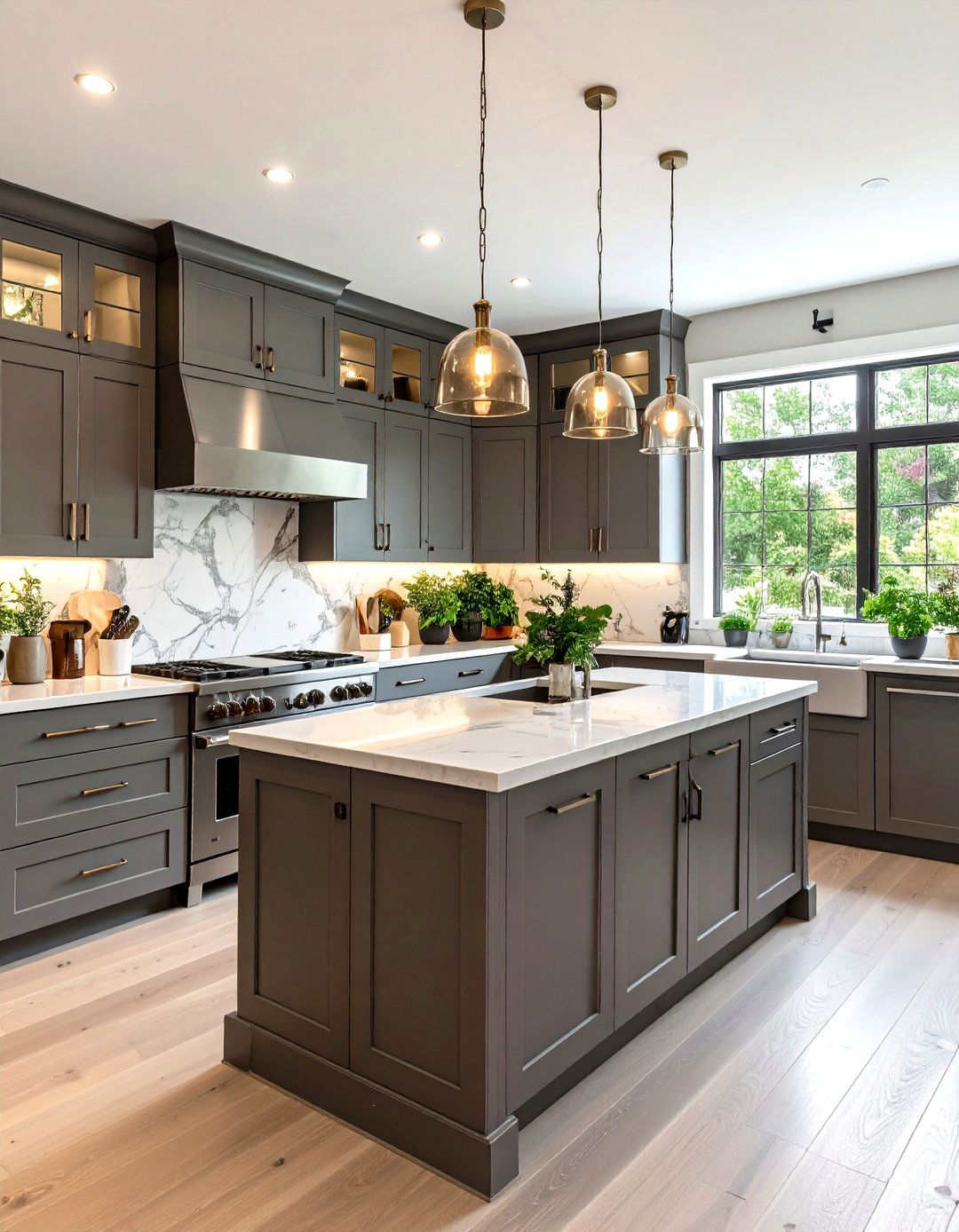 Transitional Gray Kitchen with a Marble Backsplash - 30 gray kitchen cabinets ideas