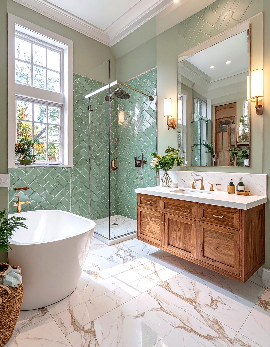 Transitional Green Bathroom with Marble - 30 green tile bathroom ideas