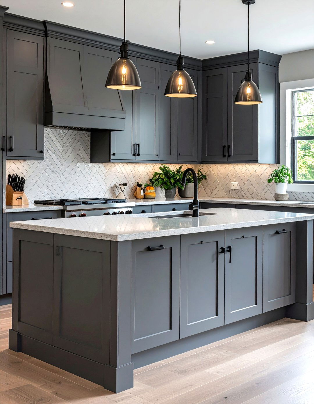 Transitional Grey Kitchen with Classic Elements - 30 grey kitchen cabinets ideas