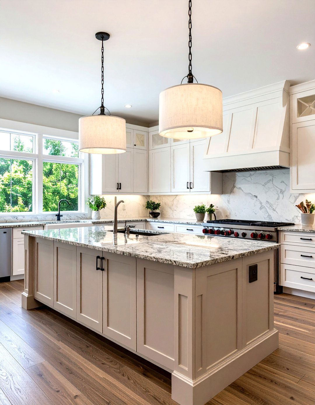 Transitional Kitchen with Classic Drum Pendants - 30 kitchen island lighting ideas