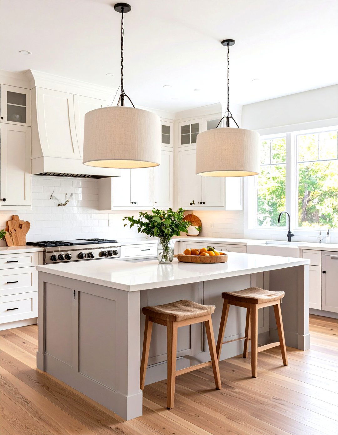 Transitional Kitchen with Drum Pendants - 30 kitchen lighting design ideas