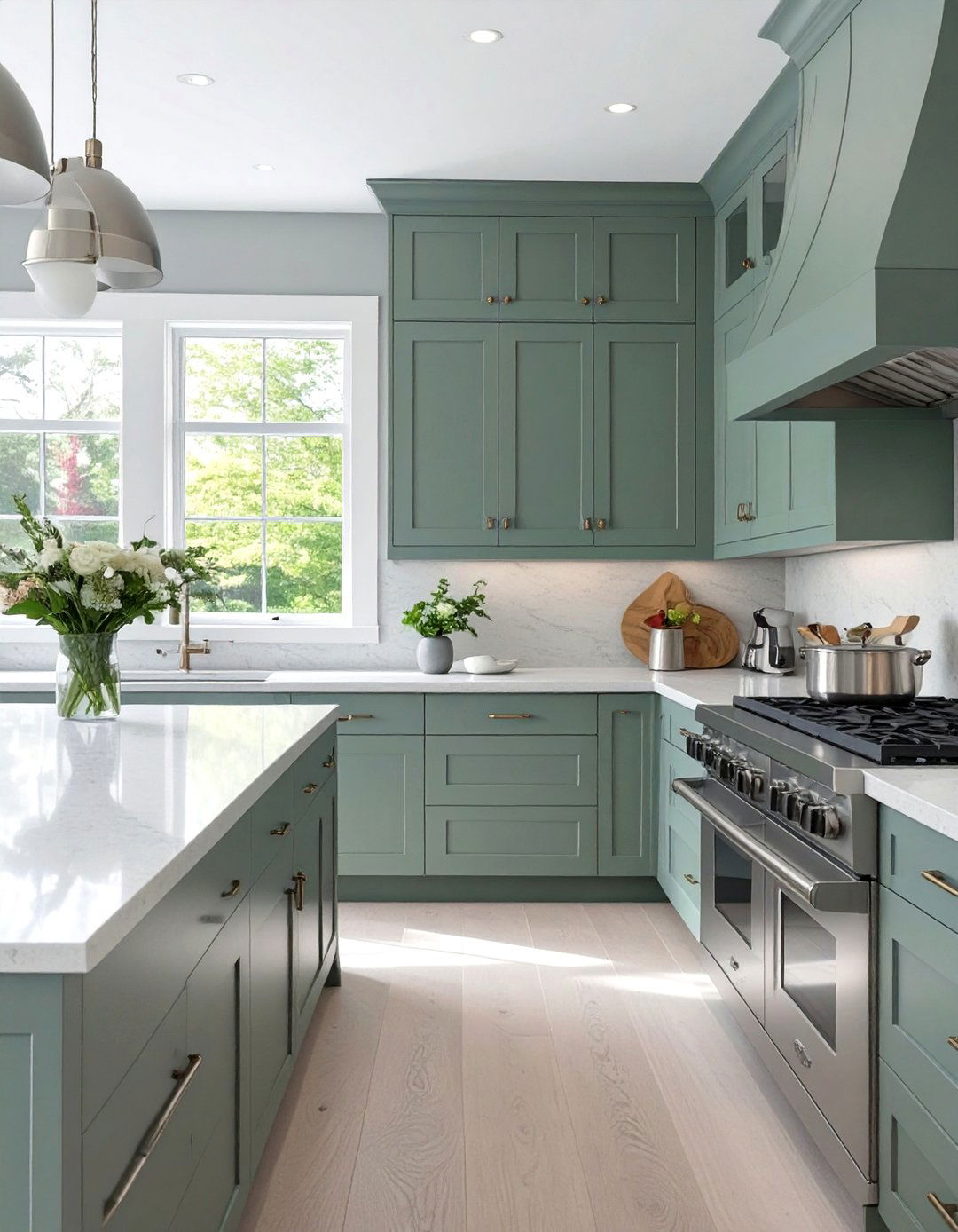 Transitional Kitchen with Gray Green Cabinets - 30 green kitchen cabinets ideas