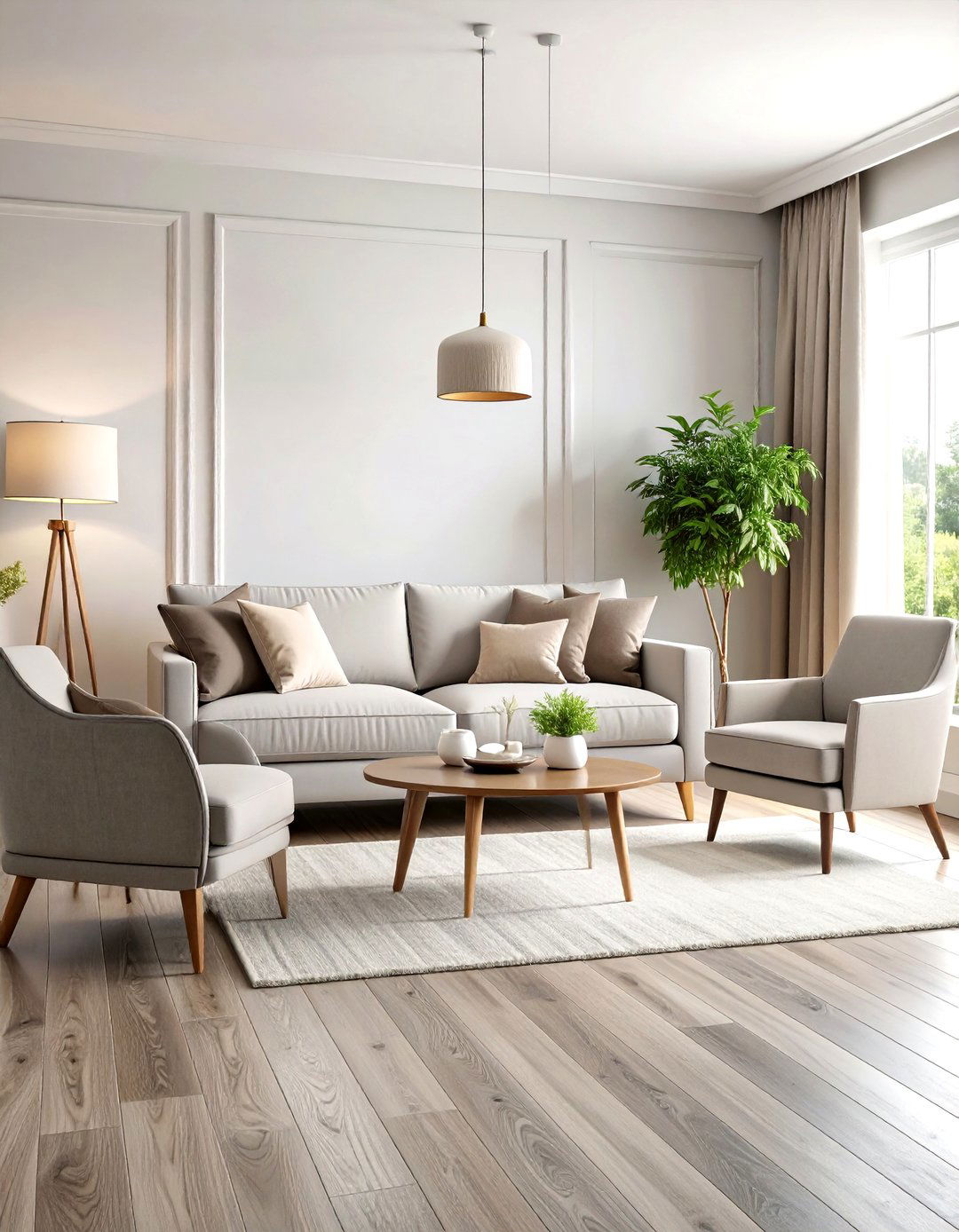 Transitional Living Room with Medium Grey Hardwood - 30 grey flooring living room ideas