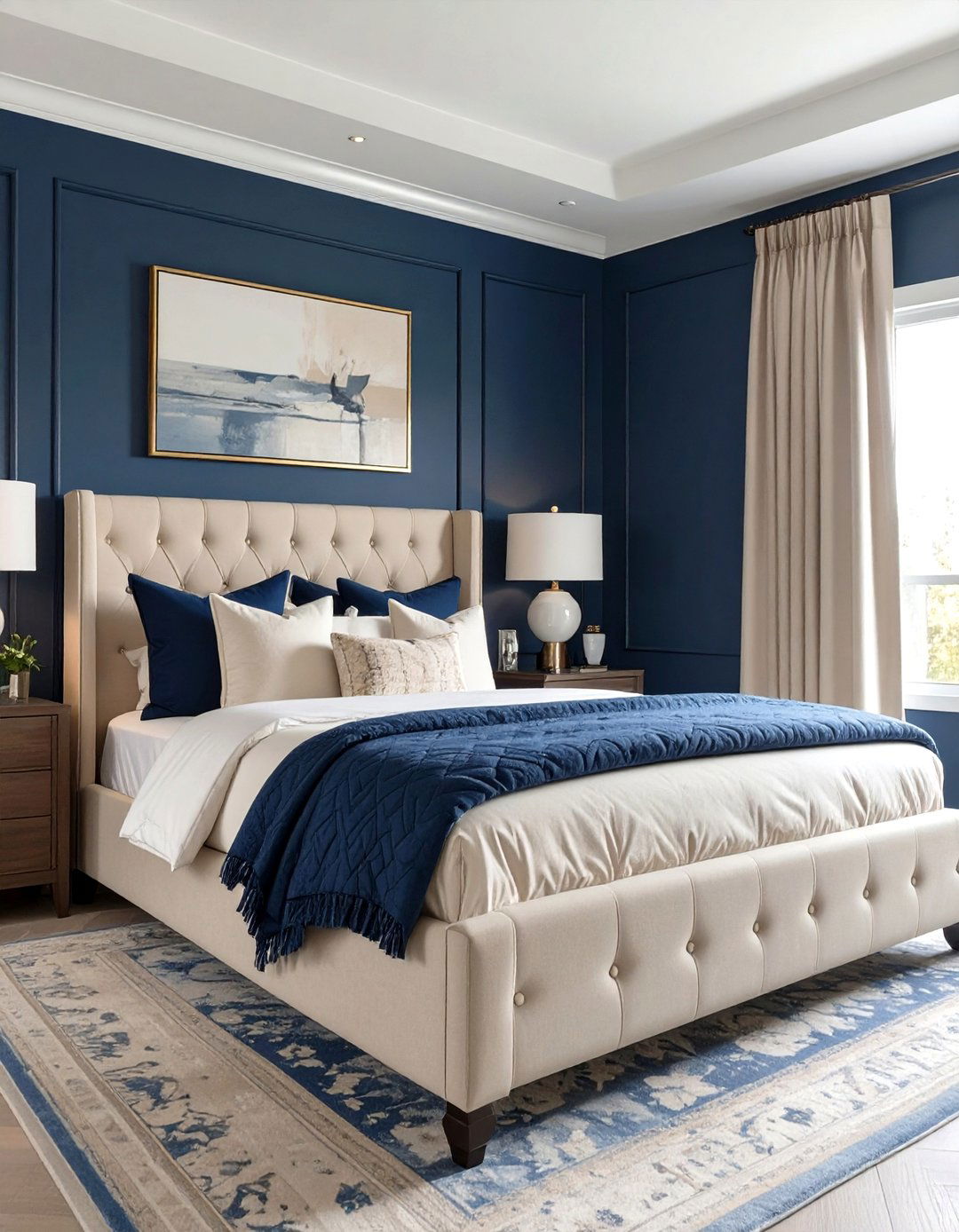 Transitional Navy and Beige Bedroom - 30 modern navy blue bedroom ideas