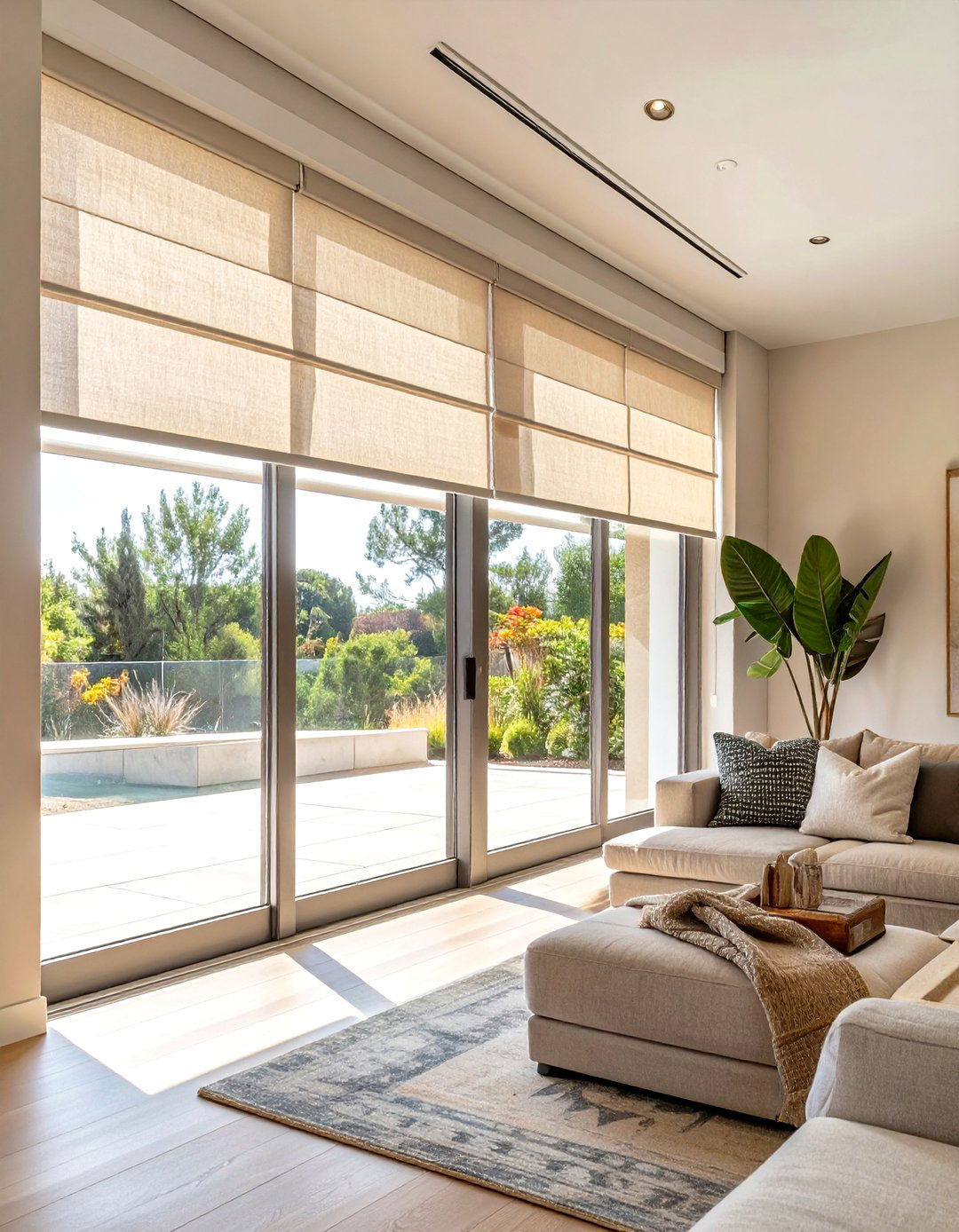 Transitional Style Panel Track Blinds - 30 window treatment ideas for living room