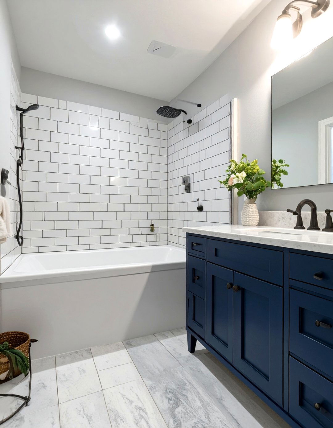 Transitional Style Tub Shower with Shaker Cabinets - 30 tub in shower bathroom ideas
