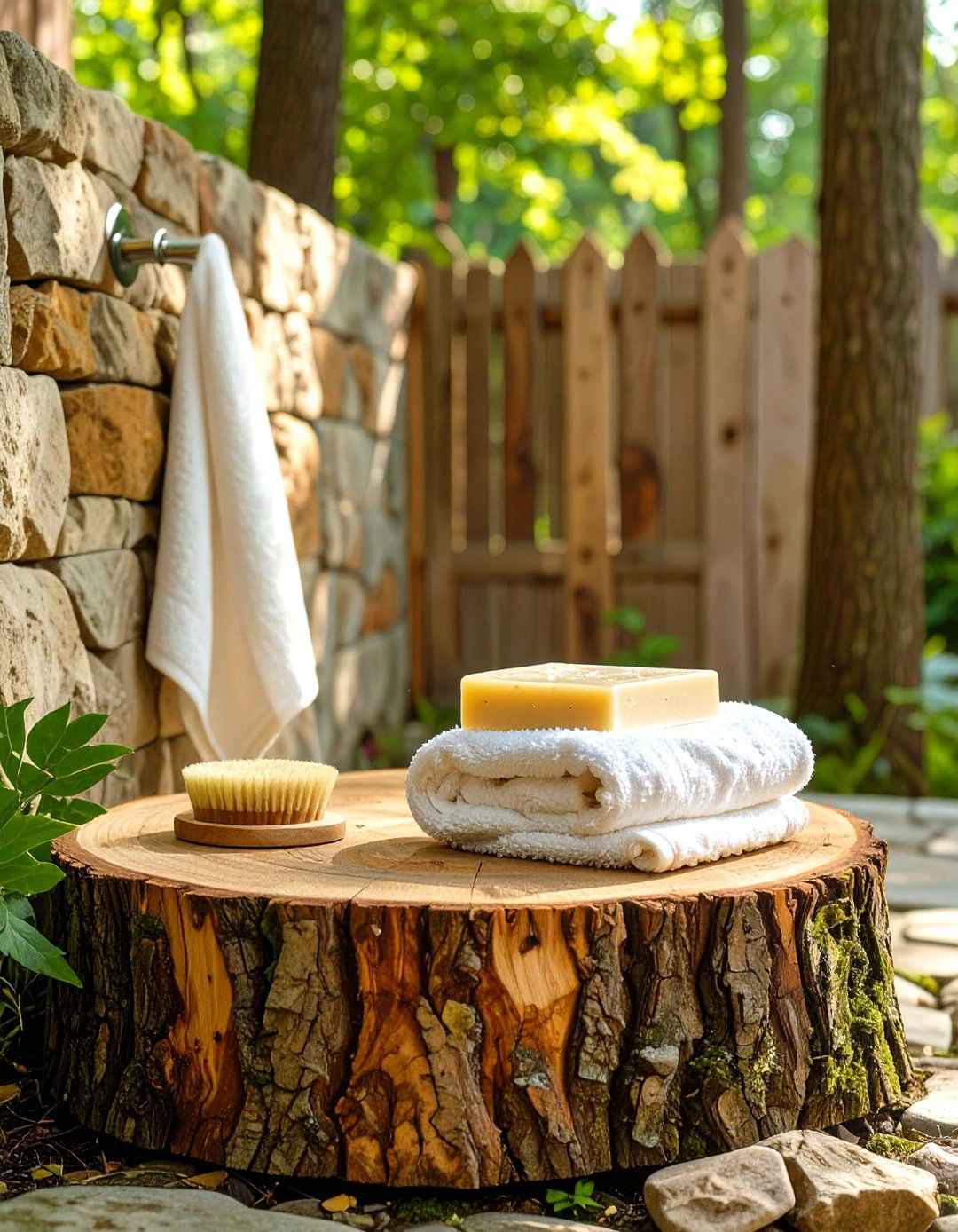 Tree Stump as a Shower Caddy - 30 rustic outdoor shower ideas