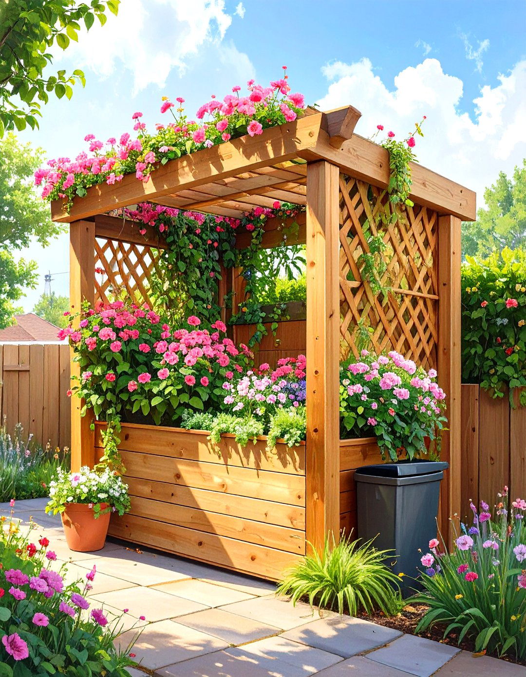 Trellis with Planter Box Garbage Can Screen - 30 outdoor garbage can storage ideas
