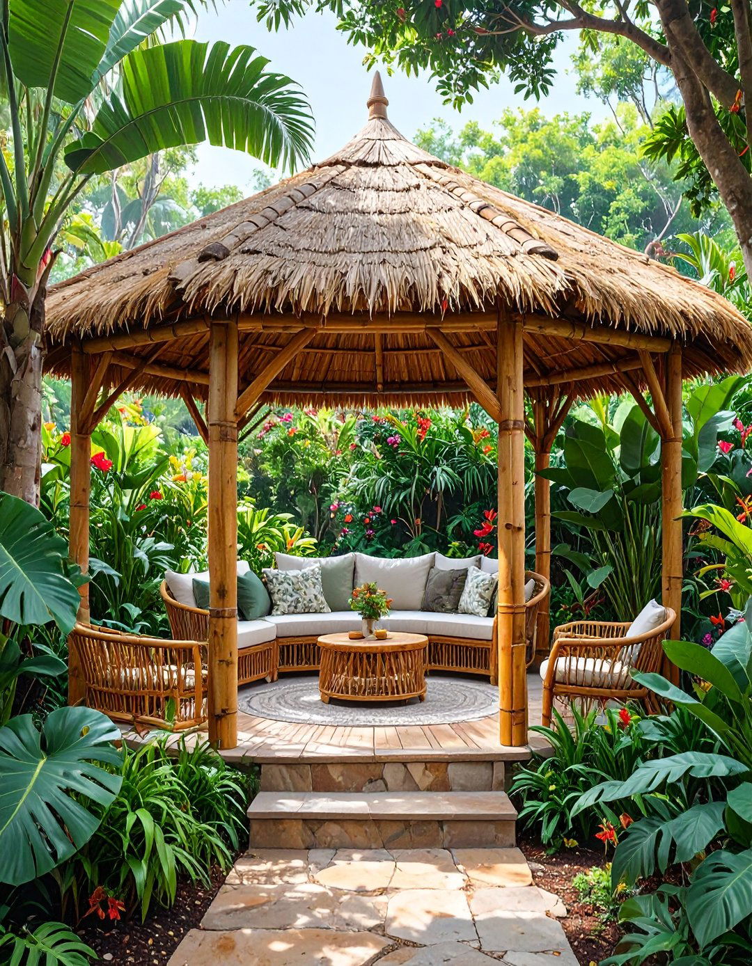 Tropical Bamboo and Thatch Gazebo - 30 budget diy backyard shade ideas