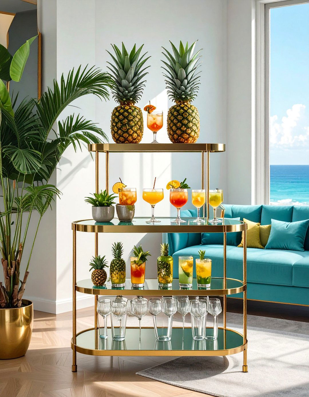 Tropical Bar Cart with Pineapple Themed Glassware - 30 tropical interior design ideas