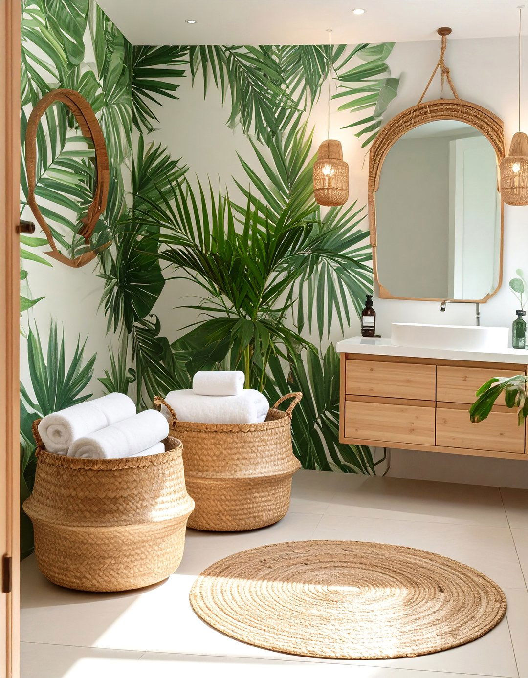 Tropical Bathroom Wicker Basket Storage - 30 bathroom towel holder ideas