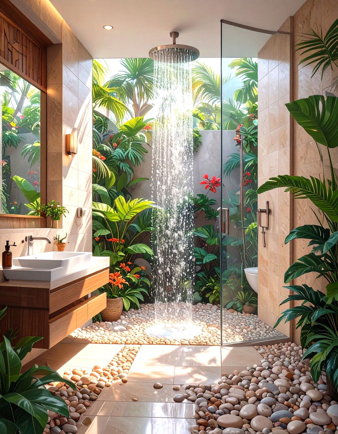 Tropical Bathroom with Pebble Stone Flooring - 30 tropical interior design ideas