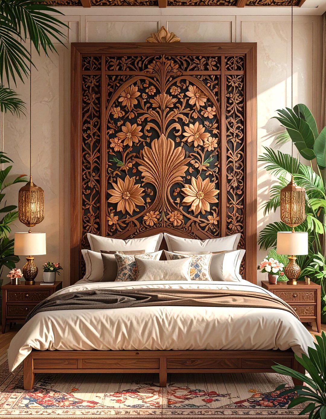 Tropical Bedroom with a Carved Wood Screen - 30 tropical bedroom ideas
