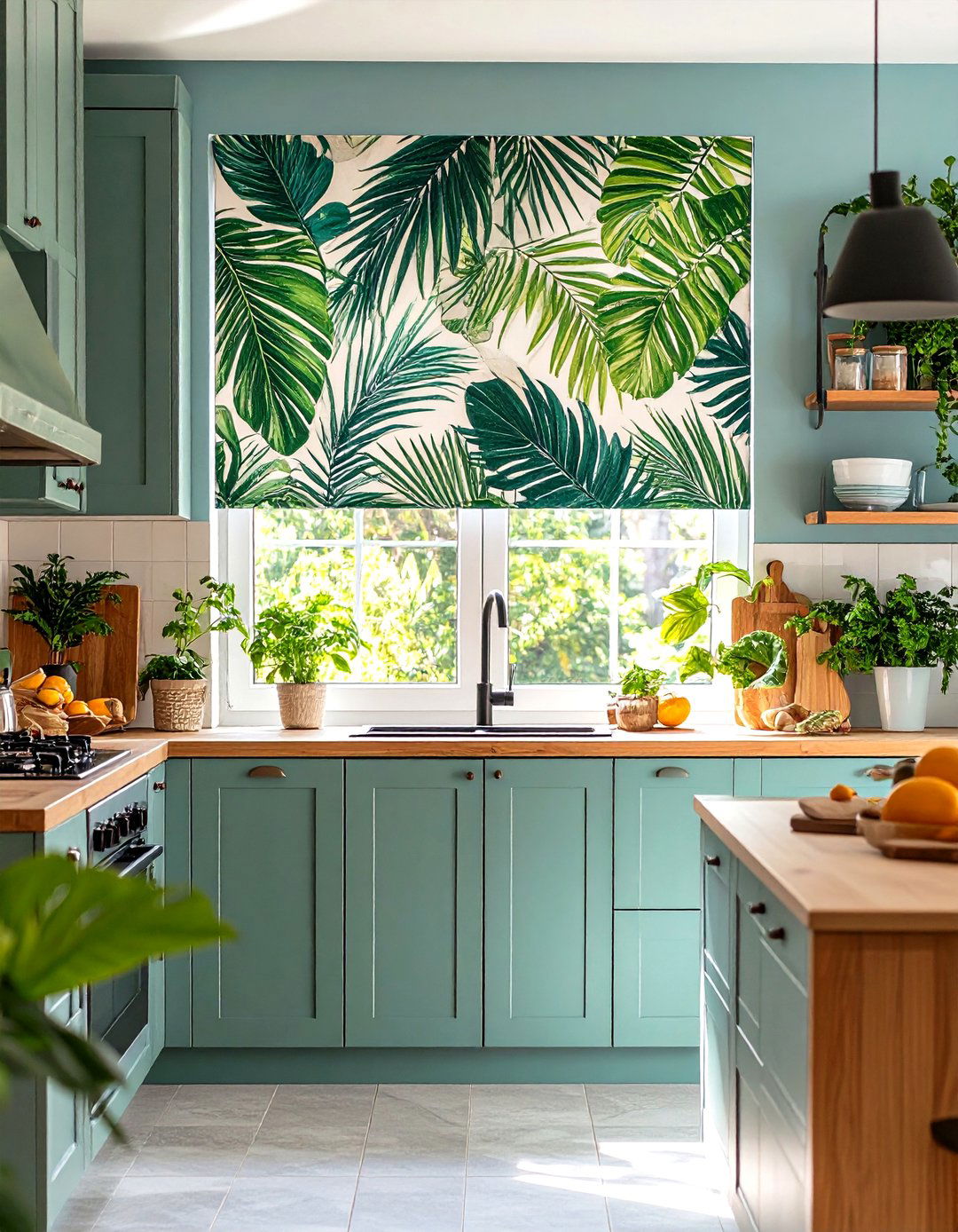 Tropical Escape with Leafy Print Blinds - 30 kitchen blinds ideas