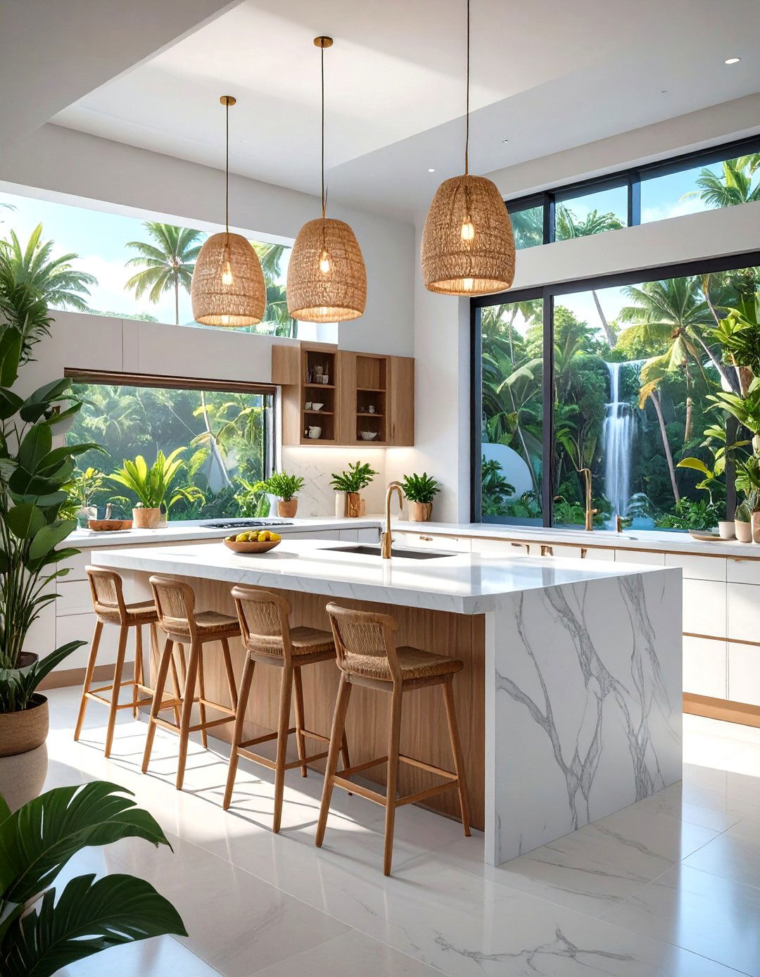 Tropical Kitchen Island with a Waterfall Countertop - 30 tropical interior design ideas