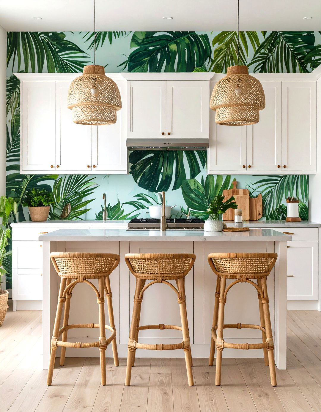 Tropical Kitchen with Botanical Wallpaper - 30 kitchen wall decor ideas