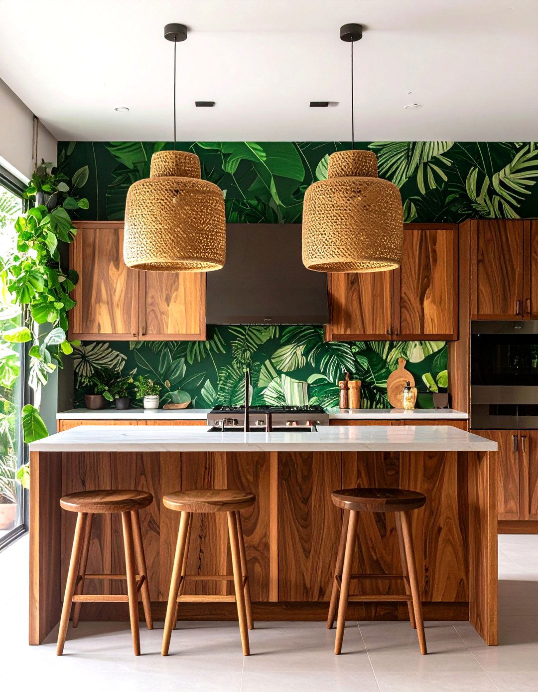 Tropical Kitchen with Natural Fiber Pendants - 30 kitchen lighting design ideas