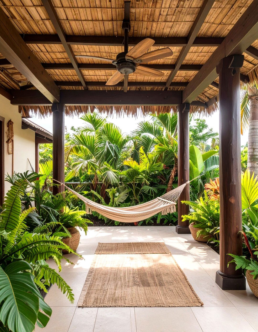 Tropical Lanai with Lush Greenery - 30 covered patio ideas attached to house