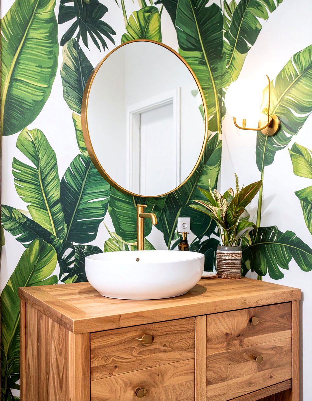 Tropical Leaf Print Half Bathroom - 30 half bathroom wallpaper ideas