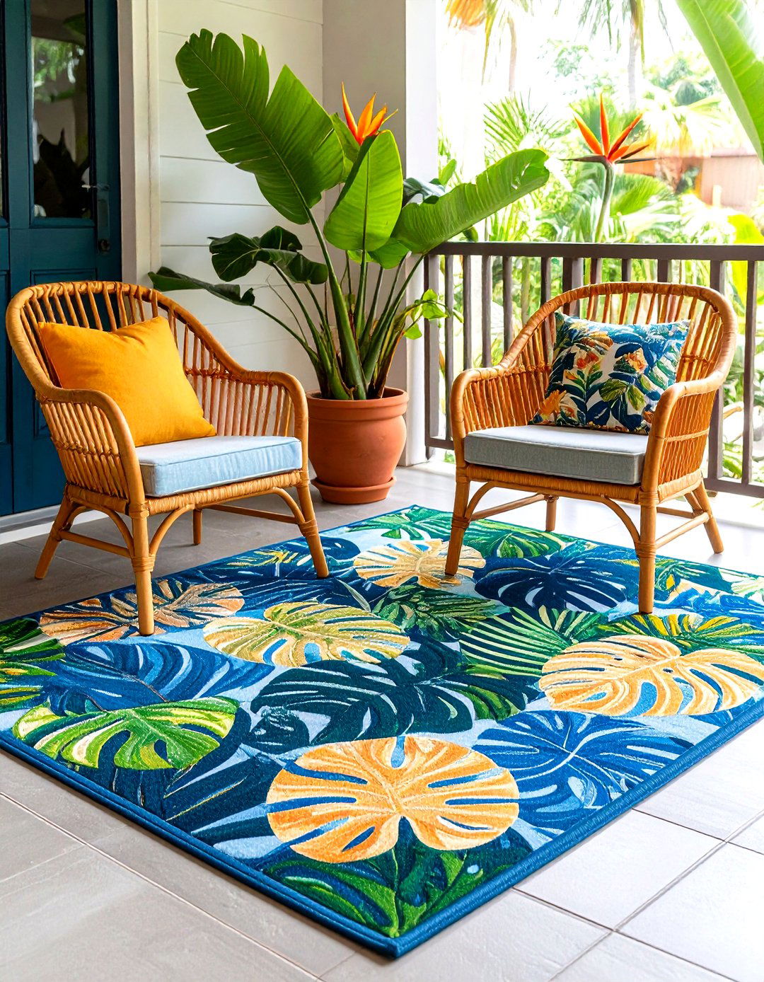 Tropical Leaf Print Rug - 30 front porch rug ideas