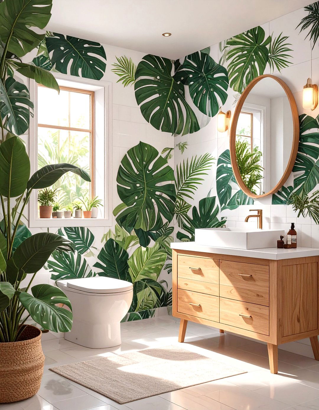 Tropical Leaf Print Wallpaper Accent Wall - 30 small bathroom accent wall ideas