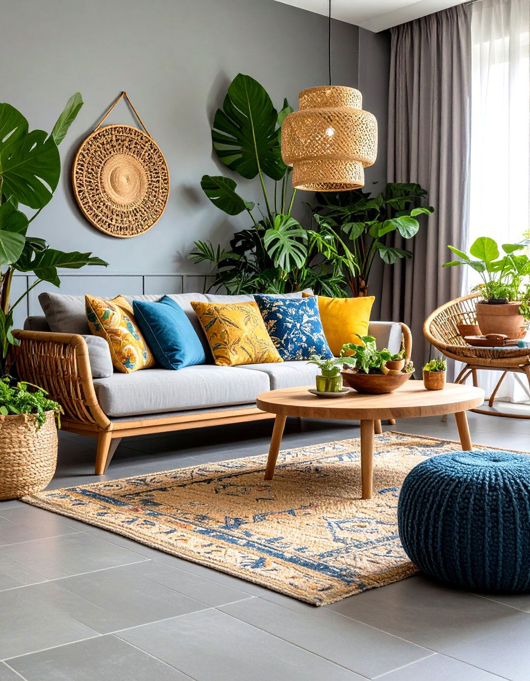 Tropical Living Room with Cool Grey Tile Floors - 30 grey flooring living room ideas