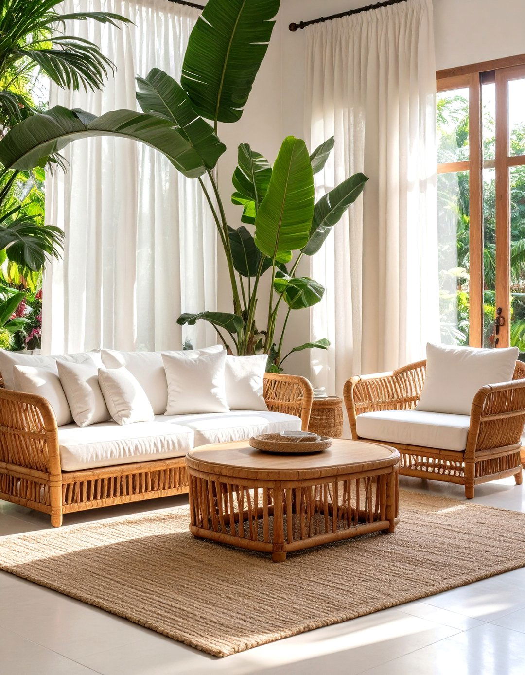 Tropical Living Room with Rattan Furniture - 30 tropical interior design ideas