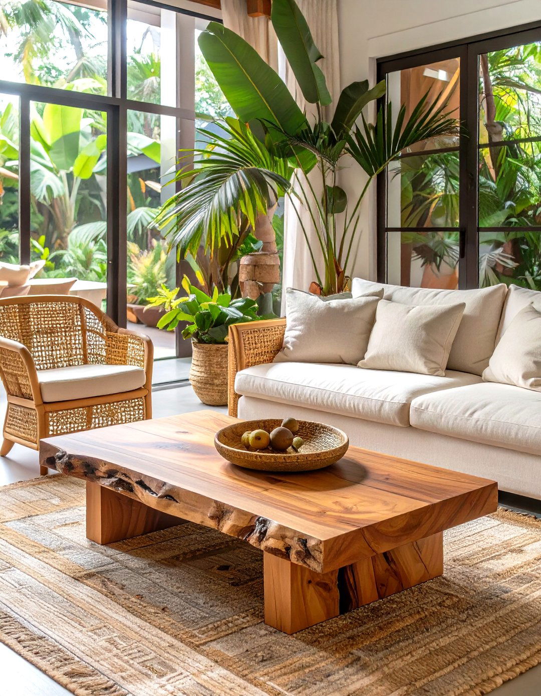 Tropical Living Room with a Natural Wood Coffee Table - 30 tropical interior design ideas