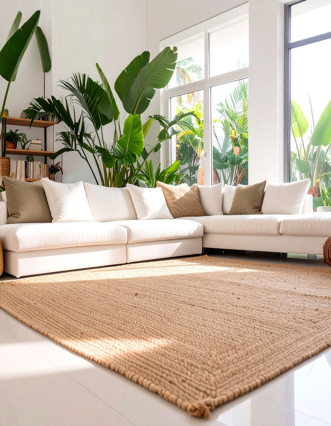 Tropical Living Space with a Jute Area Rug - 30 tropical interior design ideas