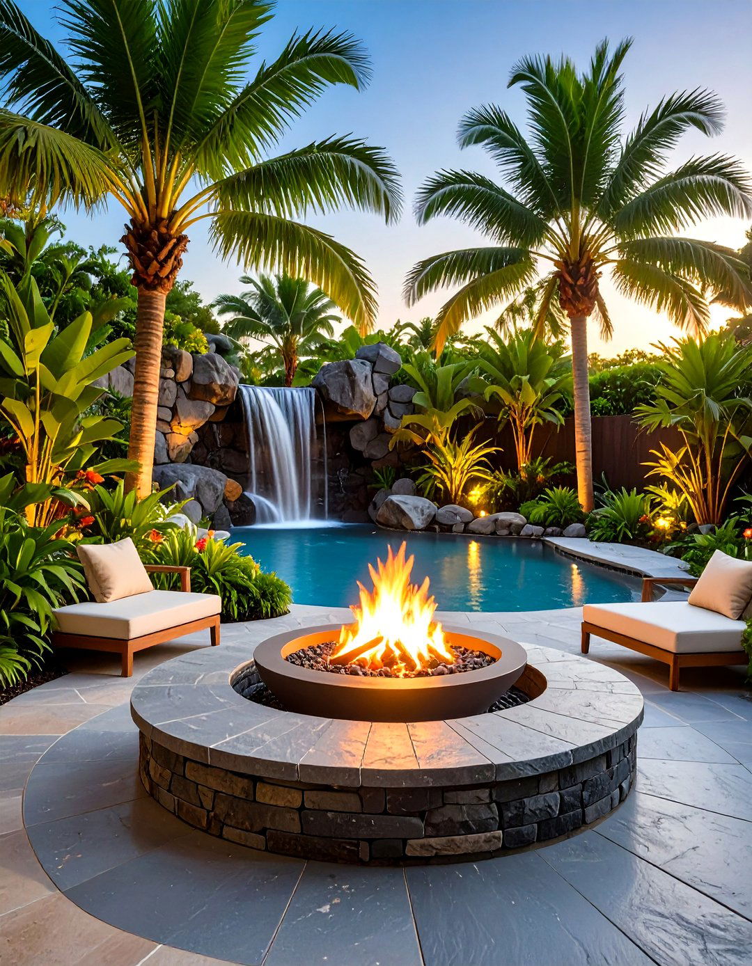 Tropical Oasis Fire Pit with Water Feature - 30 fire pit landscaping ideas