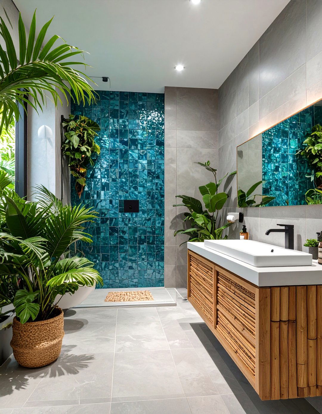 Tropical Oasis with Aqua Blue and Light Gray - 30 blue and gray bathroom ideas