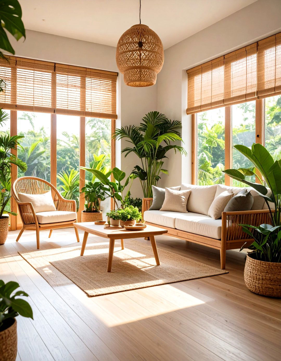Tropical Oasis with Bamboo Blinds - 30 living room window ideas