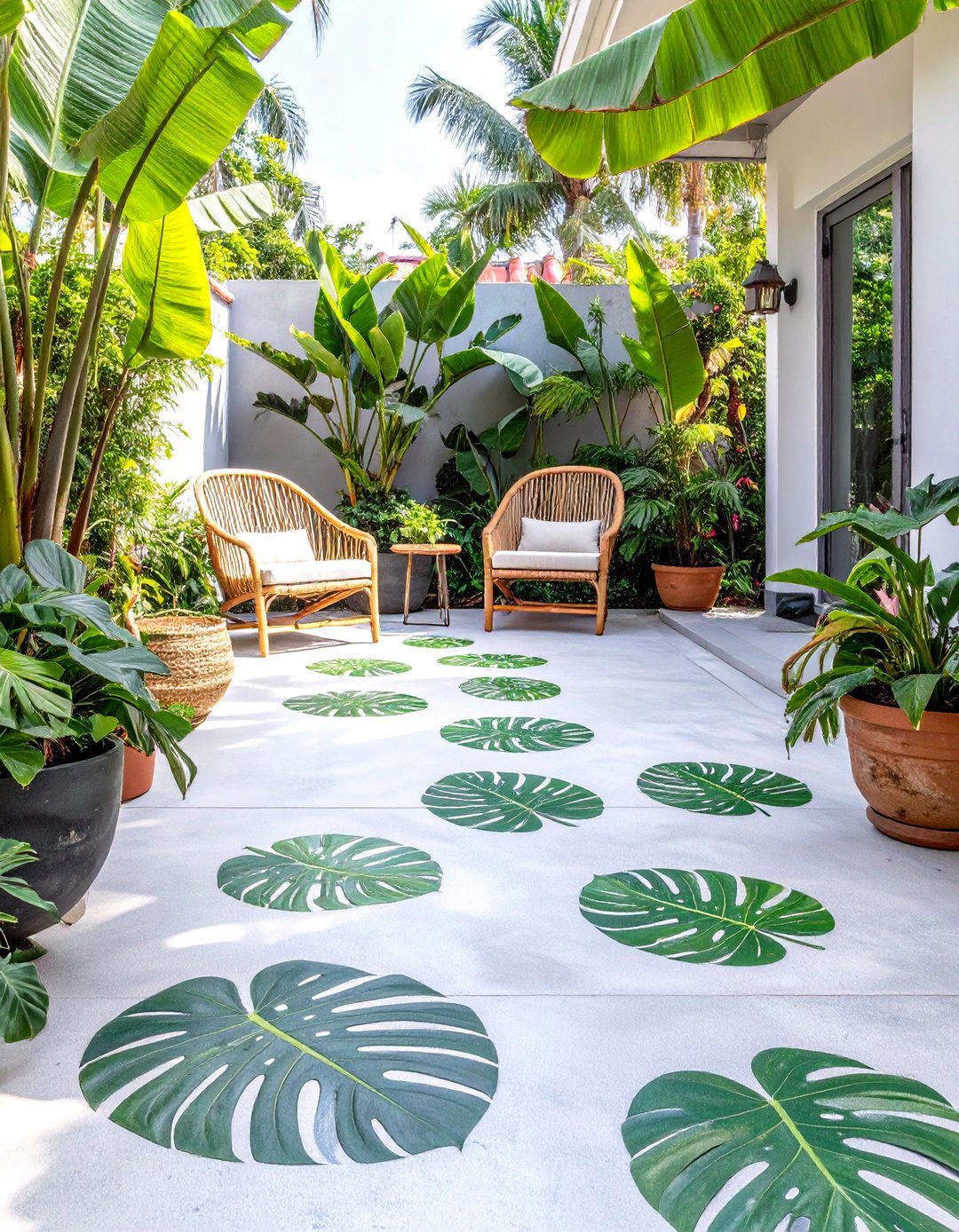 Tropical Oasis with Leaf Stamping - 30 concrete patio ideas on a budget