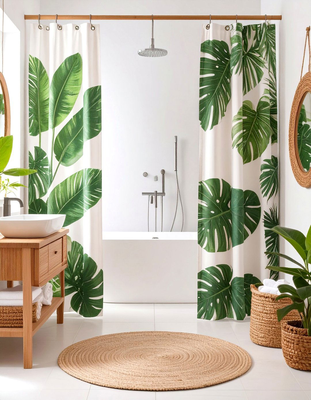 Tropical Palm Leaf Curtain - 30 bathroom curtains ideas
