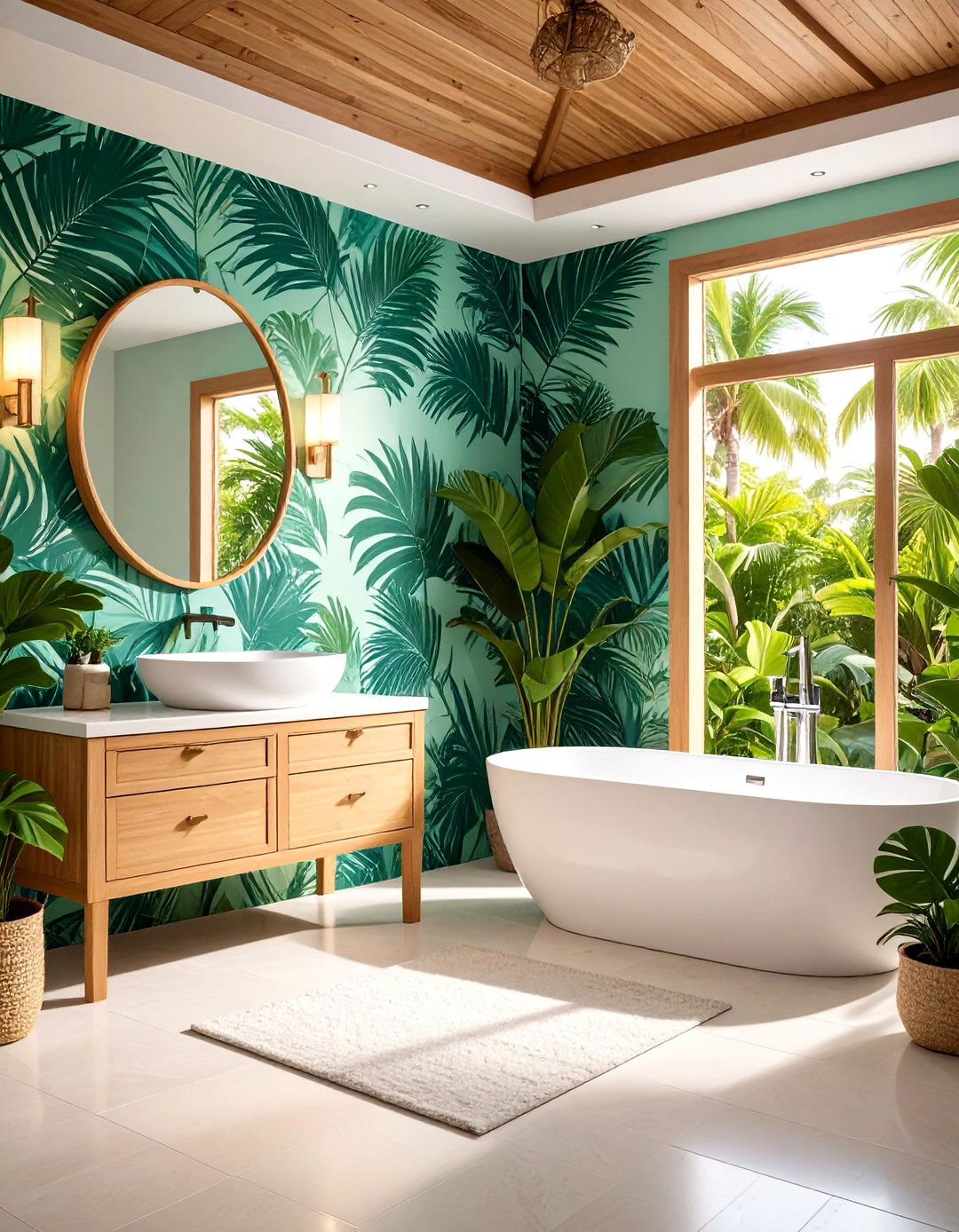Tropical Palm Print Wallpaper - 30 pool bathroom ideas