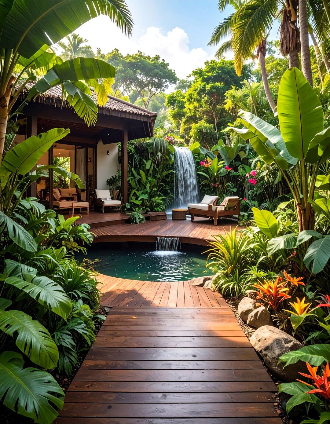 Tropical Paradise Patio with Bold Foliage and Water Features - 30 outdoor patio design pictures ideas