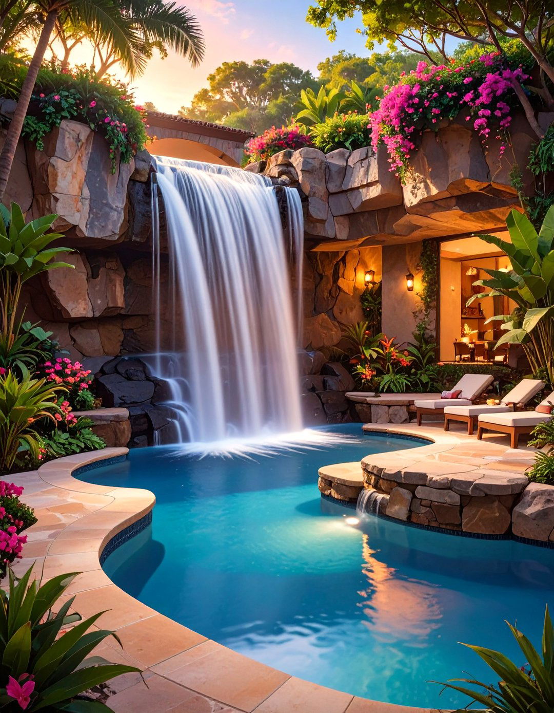 Tropical Paradise Waterfall with Pool - 30 backyard waterfall ideas