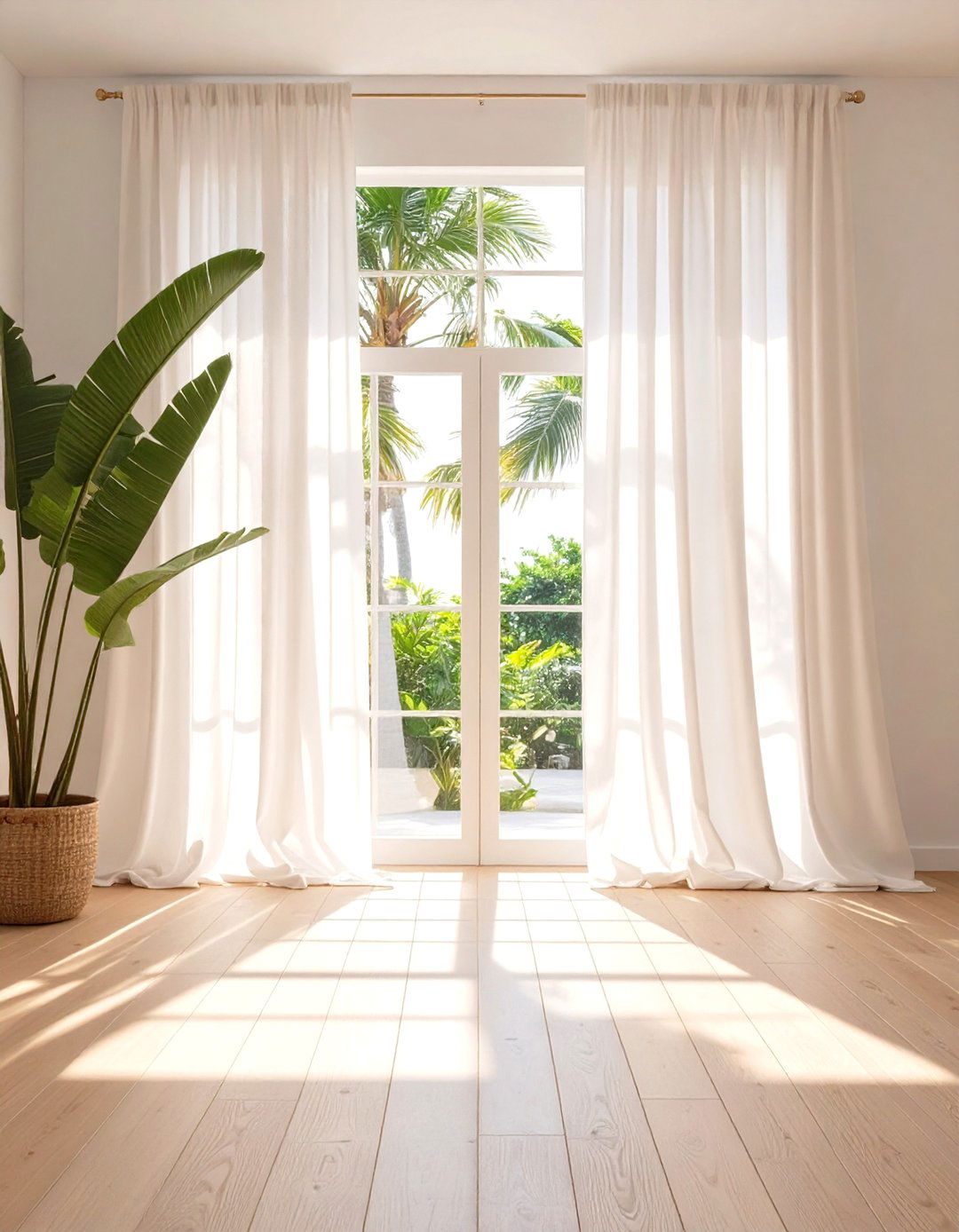 Tropical Sun Drenched Room with White Linen Curtains - 30 tropical interior design ideas