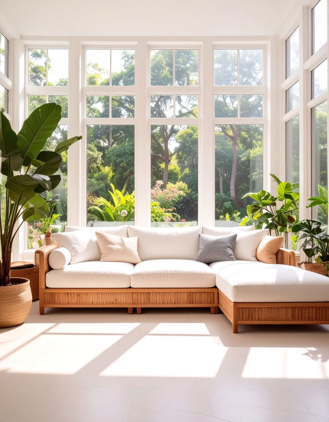 Tropical Sunroom with Floor to Ceiling Windows - 30 tropical interior design ideas