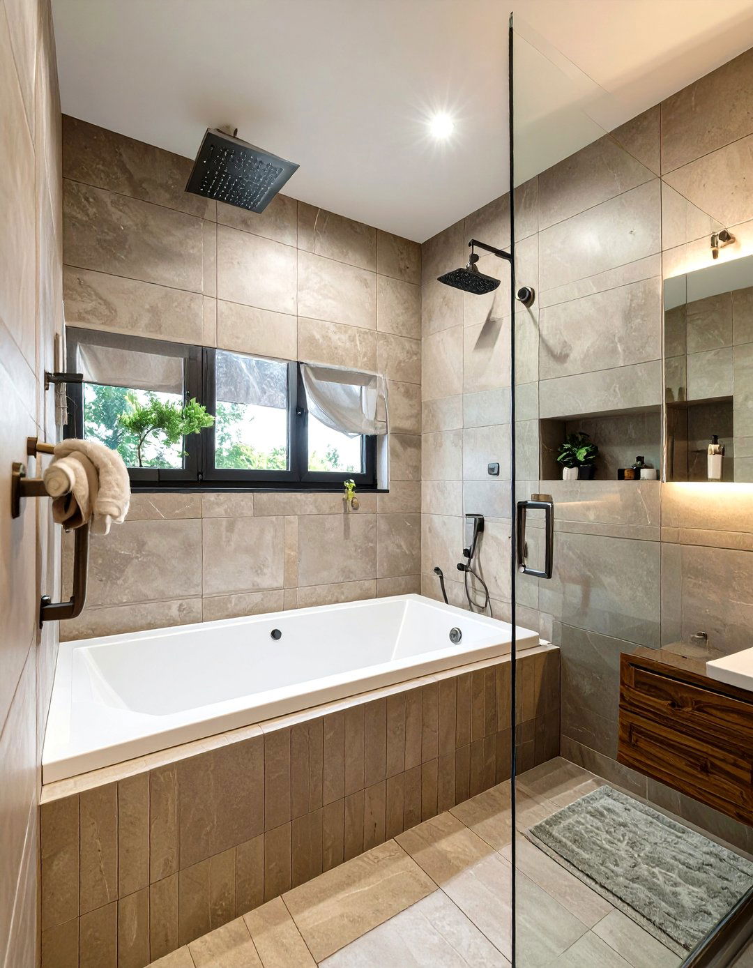 Tub Shower Combo with a Half Glass Partition - 30 tub in shower bathroom ideas