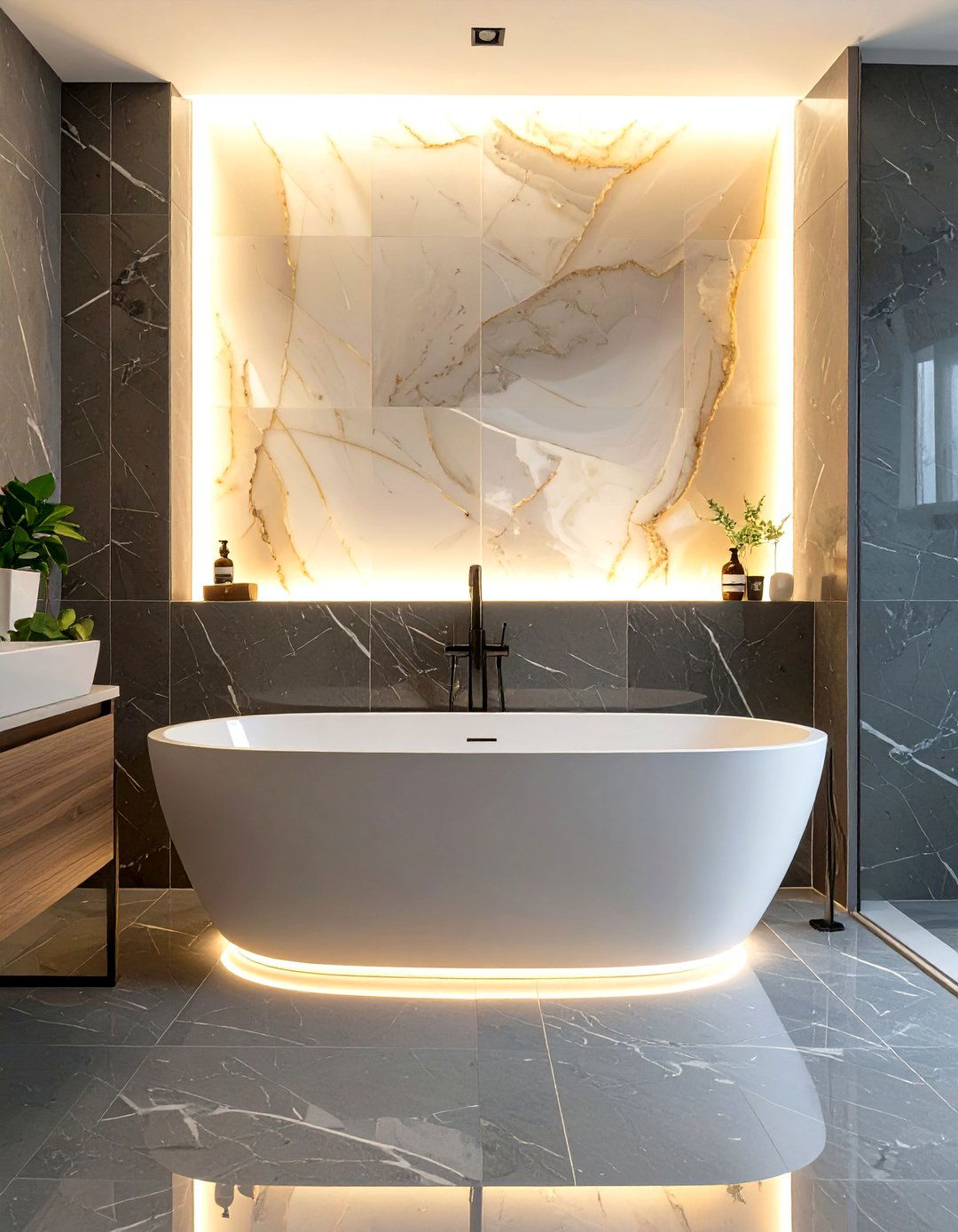 Tub Shower with Backlit Wall Panels - 30 tub in shower bathroom ideas