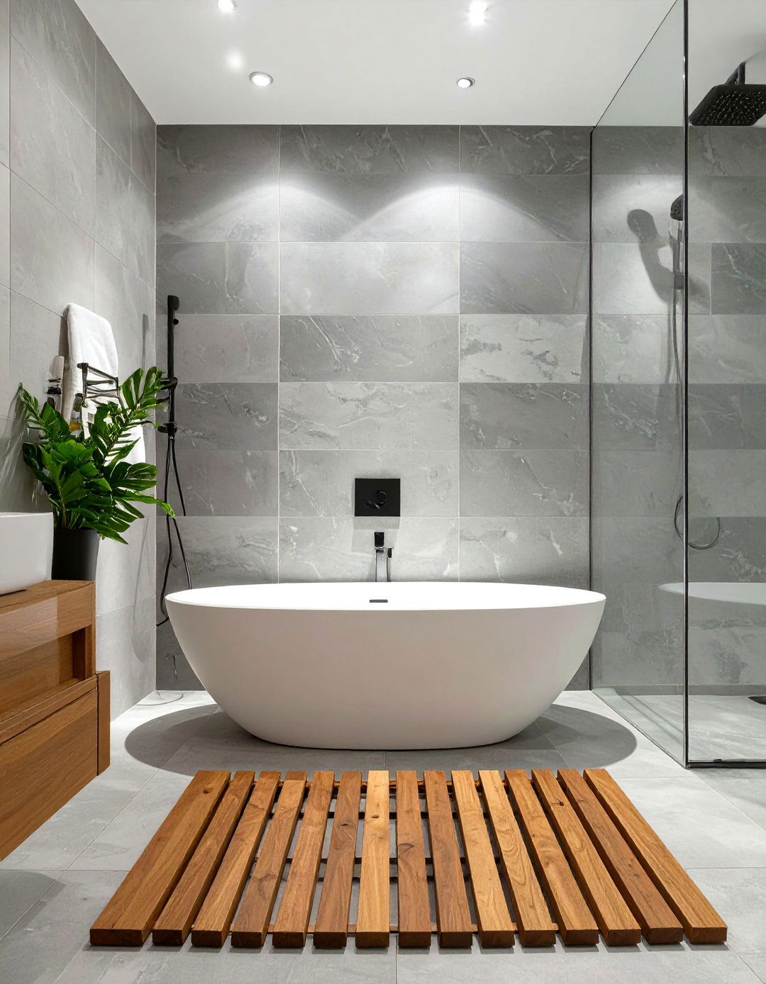 Tub in Shower with a Wooden Slat Floor Mat - 30 tub in shower bathroom ideas