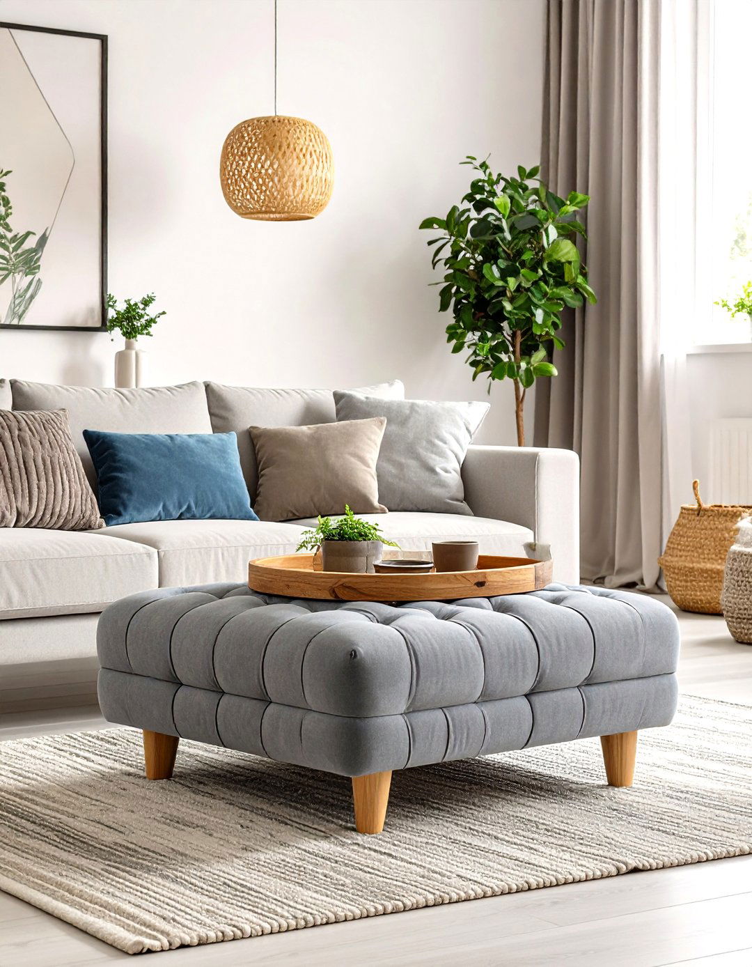 Tufted Upholstered Ottoman - 30 pottery barn living room ideas