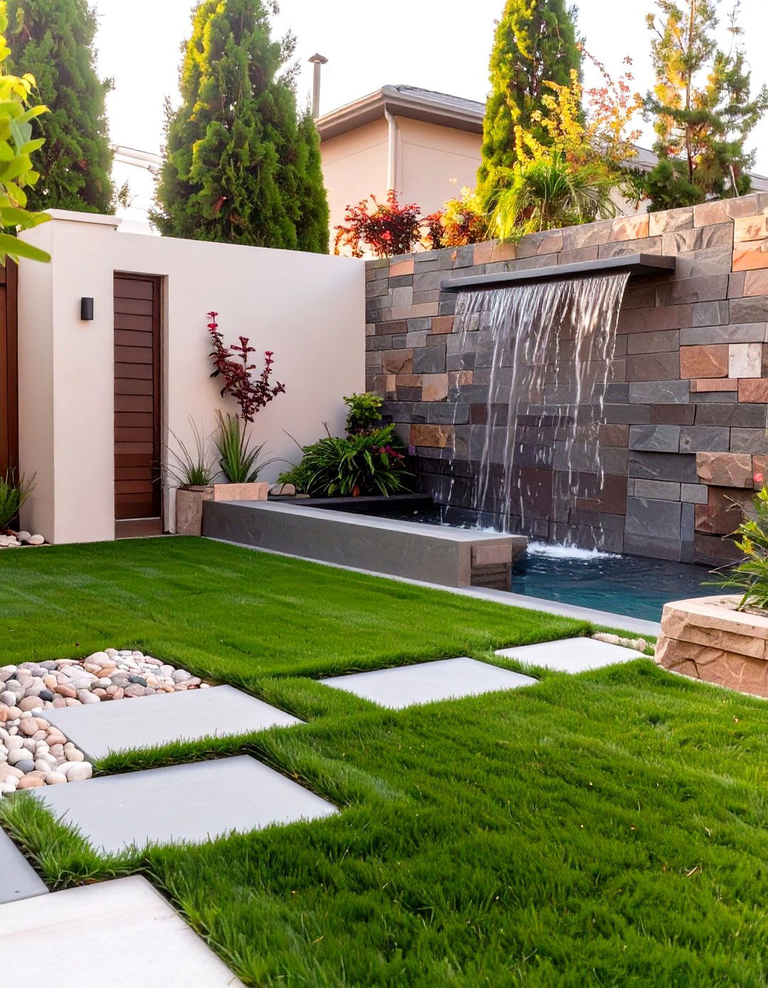 Turf Integrated with a Water Feature - 30 small backyard turf ideas