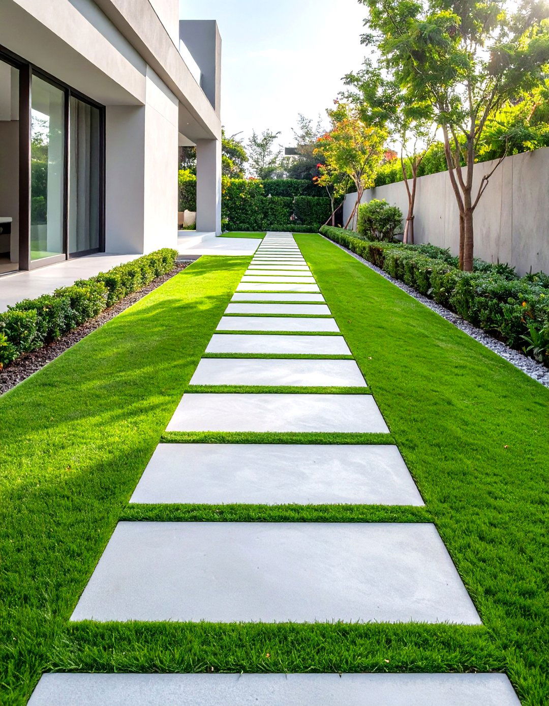 Turf and Concrete Linear Path - 30 modern garden path ideas