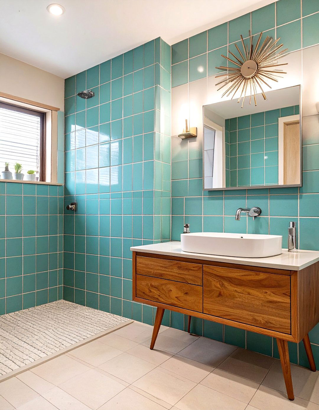 Turquoise and Wood Mid Century Bathroom - 30 blue bathroom ideas