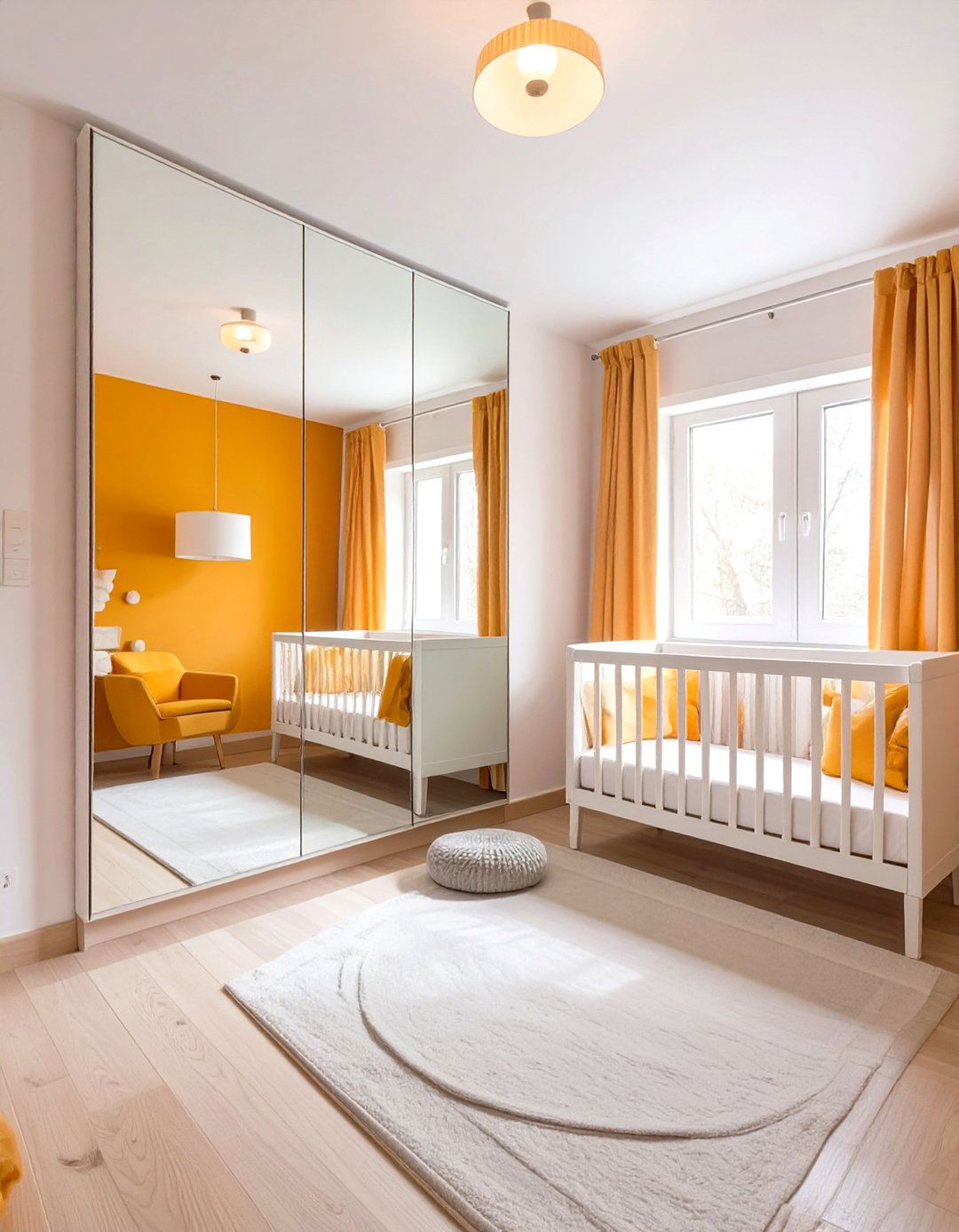 Twin Nursery with a Mirrored Wall - 30 twin nursery ideas