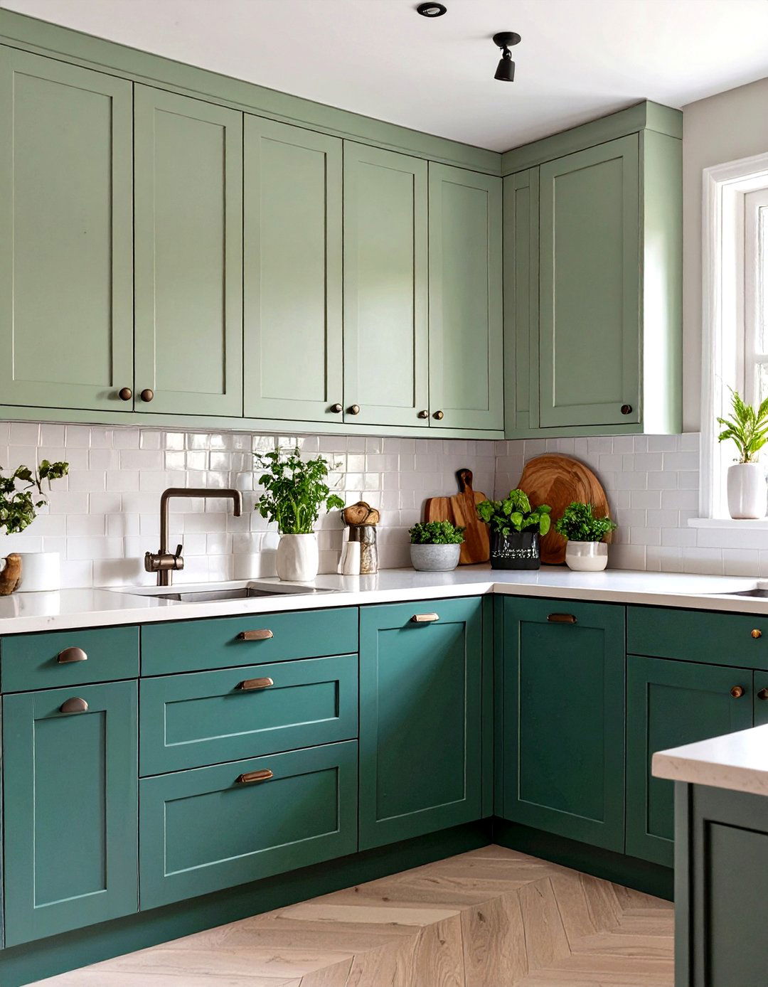 Two Shades of Green for a Tonal Look - 30 two tone kitchen cabinet ideas