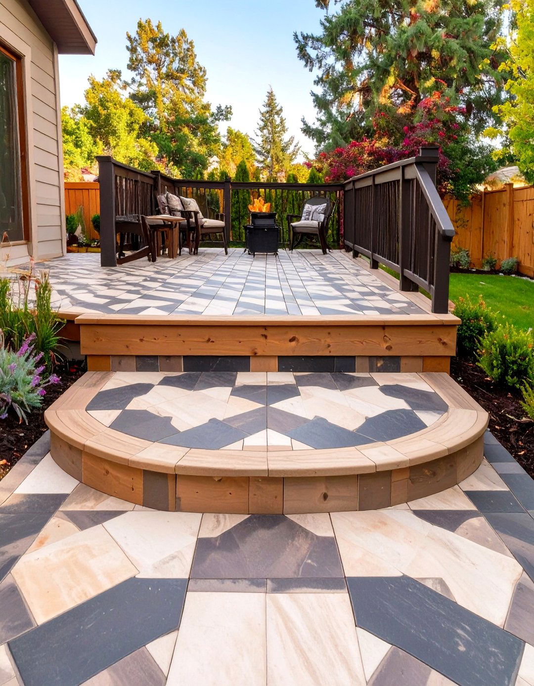 Two Tier Deck with a Checkerboard Decking Pattern - 30 split level 2 level deck designs
