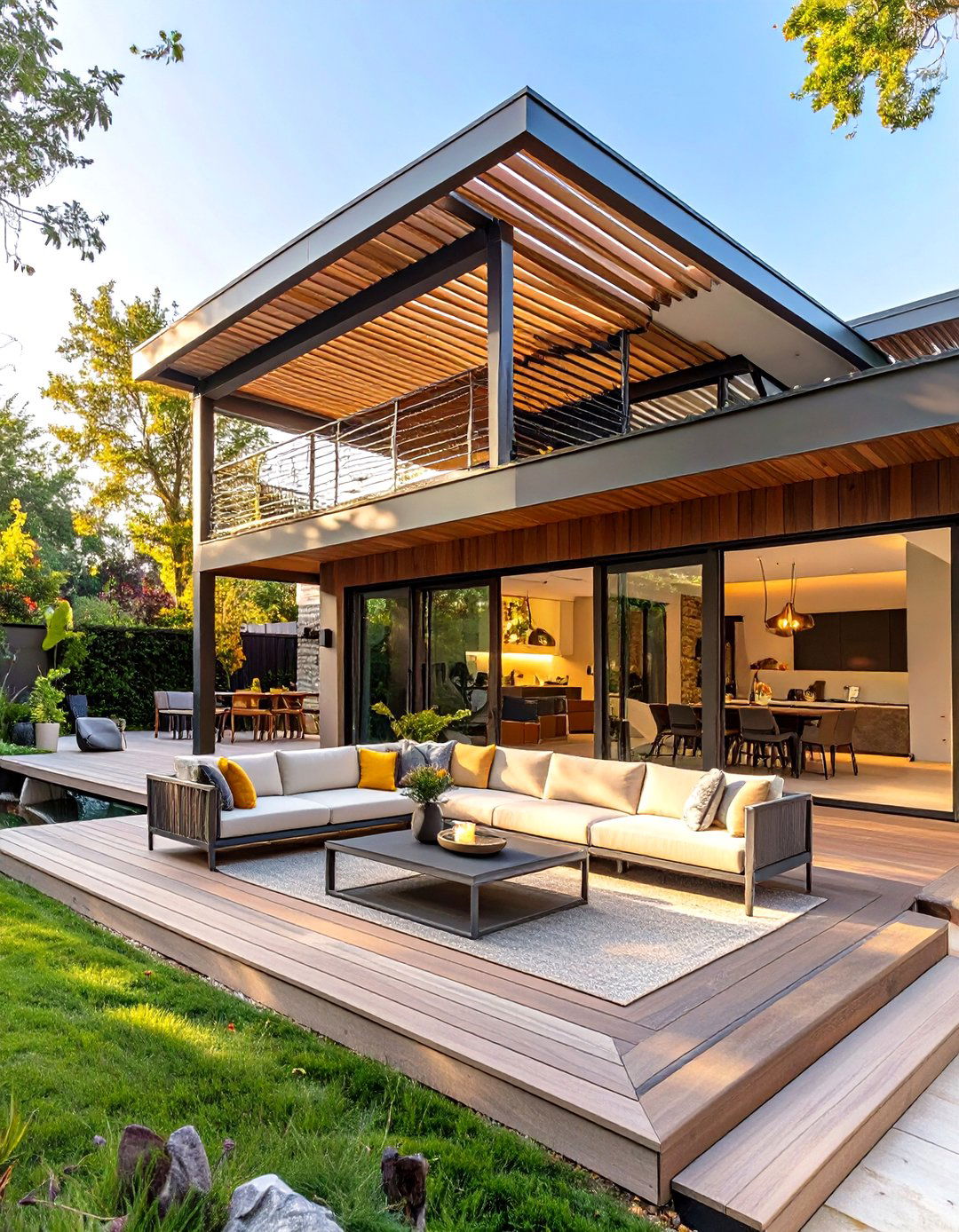 Two Tier Deck with a Louvered Roof System - 30 split level 2 level deck designs